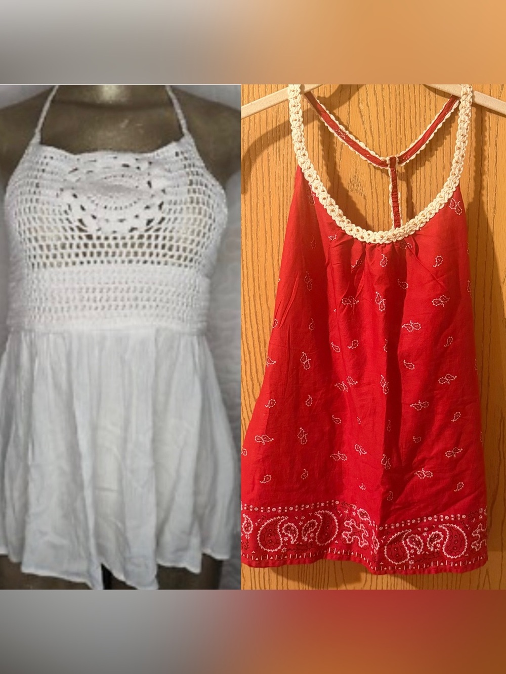 Bundle of 2 boho size medium White Crochet Halter Top and Red bandanna top